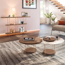 Aparador Infinity e Mesas de Centro Sky com Tampo de Vidro e em MDF Castanho - HB Móveis Aparador Infinity e Mesas de Centro Sky com Tampo de Vidro e em MDF Castanho - HB Móveis
