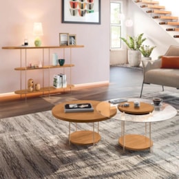 Aparador Infinity e Mesas de Centro Sky com Tampo de Vidro e em MDF Cinamomo - HB Móveis  Aparador Infinity e Mesas de Centro Sky com Tampo de Vidro e em MDF Cinamomo - HB Móveis