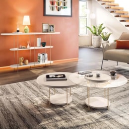 Aparador Infinity e Mesas de Centro Sky com Tampo de Vidro e em MDF Off White - HB Móveis Aparador Infinity e Mesas de Centro Sky com Tampo de Vidro e em MDF Off White - HB Móveis