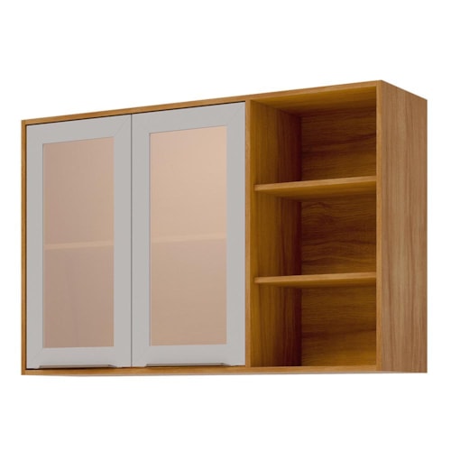 Armário Aéreo Brilhante 120cm 2 Portas Cinamomo/Off White com Vidro Reflecta e Nichos - MGM