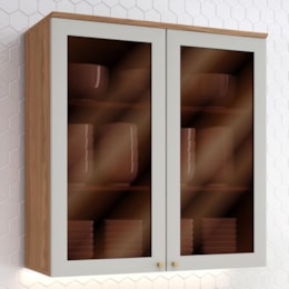 Armário Aéreo Requinte 80cm 2 Portas Nature/Areia com Vidro - Móveis Henn