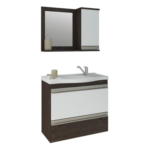 Armário Gabinete Grécia 65cm Café/Branco para Banheiro com Cuba e Espelheira - MGM