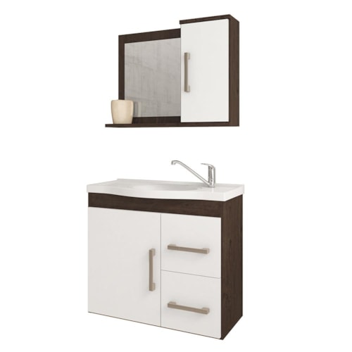 Armário Gabinete Vix 65cm Café/Branco para Banheiro com Cuba e Espelheira - MGM