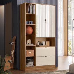 Armário Multiuso Joy 2 Portas Amêndola/Off White com Espelho - Demóbile Armário Multiuso Joy 2 Portas Amêndola/Off White com Espelho - Demóbile