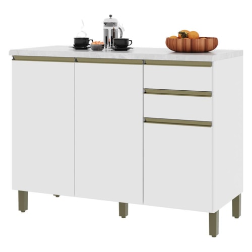 Balcão de Cozinha Dinamarca 120cm 3 Portas e 2 Gavetas Branco com Tampo MDP - Indékes 