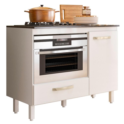 Balcão de Cozinha Fit 1 Porta e 1 Gaveta Branco com Tampo MDP para Cooktop - Nicioli