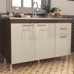 Balcão de Cozinha Pop 120cm 3 Portas e 1 Gaveta Noce/Off White sem Tampo - Indékes