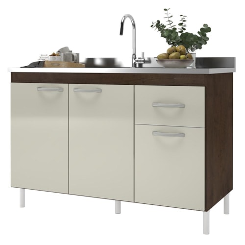 Balcão de Cozinha Pop 120cm 3 Portas e 1 Gaveta Noce/Off White sem Tampo - Indékes