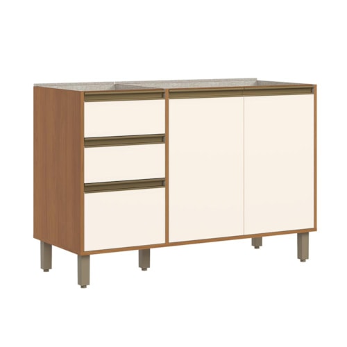 Balcão Pia 3 Portas 2 Gavetas 120cm Venaly Cinamomo/Off White - Móveis Henn