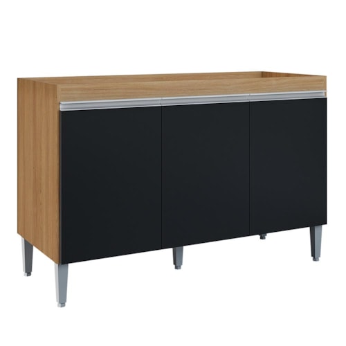 Balcão Pia Manu 120cm 3 Portas Amêndoa/Preto sem Tampo - AJL Móveis