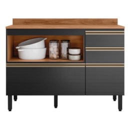 Balcão Pia Proença 120cm 1 Porta e 4 Gavetas Nogueira Touch/Carbono Prime TX com Tampo MDF - Demartêz