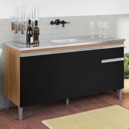 Balcão Pia Tatiane 145cm 4 Portas Amêndoa/Preto sem Tampo - AJL Móveis Balcão Pia Tatiane 145cm 4 Portas Amêndoa/Preto sem Tampo - AJL Móveis