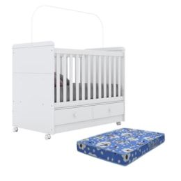 Berço 3 em 1 Aquarela 2 Gavetas Branco com Colchão - Móveis Henn Berço 3 em 1 Aquarela 2 Gavetas Branco com Colchão - Móveis Henn