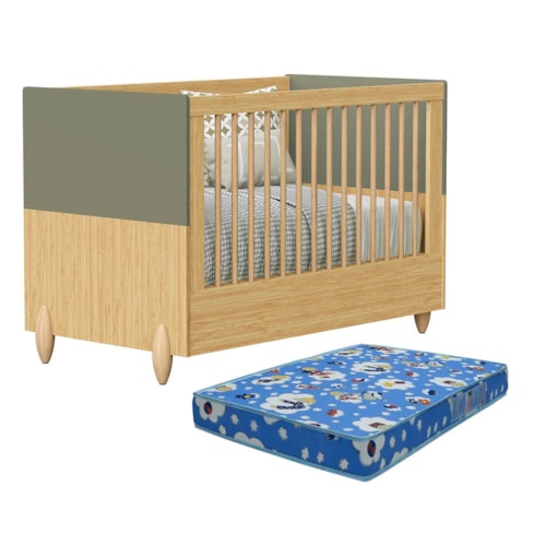 Berço Americano Mini Cama Gracia Oliva/Naturale com Colchão Baby Physical - Reller Móveis