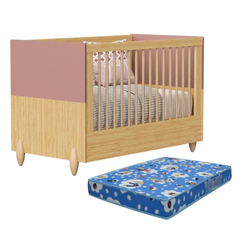 Berço Americano Mini Cama Gracia Rosê/Naturale com Colchão Baby Physical - Reller Móveis 