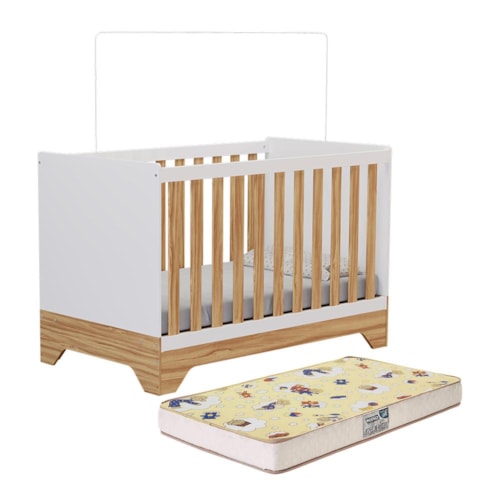 Berço Americano Popy Retrô 3 em 1 Branco Brilho/Amêndoa com Colchão Supreme - Móveis Peroba 