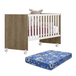 Berço Doce Sonho Reto Carvalho/Branco com Rodízios e Colchão Baby Physical - Qmovi   Berço Doce Sonho Reto Carvalho/Branco com Rodízios e Colchão Baby Physical - Qmovi