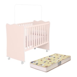 Berço Doce Sonho Rosa Acetinado com Rodízios e Colchão Supreme - Qmovi Berço Doce Sonho Rosa Acetinado com Rodízios e Colchão Supreme - Qmovi