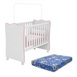 Berço Doce Sonho Rosa/Branco com Rodízios e Colchão Baby Physical - Qmovi