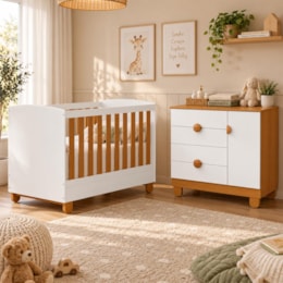 Berço Mini Cama com Cômoda Sapateira 1 Porta e 4 Gavetas Apolo Branco Fosco/Savana - Reller Móveis