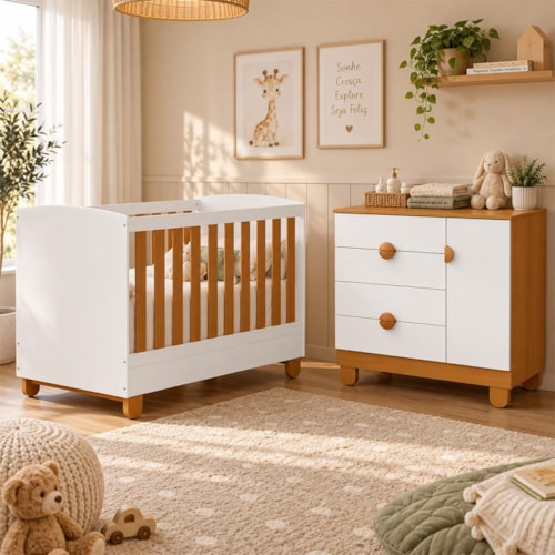 Berço Mini Cama com Cômoda Sapateira 1 Porta e 4 Gavetas Apolo Branco Fosco/Savana - Reller Móveis