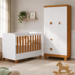 Berço Mini Cama com Guarda Roupa 3 Portas e 3 Gavetas Apolo Branco Fosco/Savana - Reller Móveis