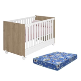 Berço Mini Cama Doce Sonho Carvalho/Branco com Rodízios e Colchão Baby Physical - Qmovi 