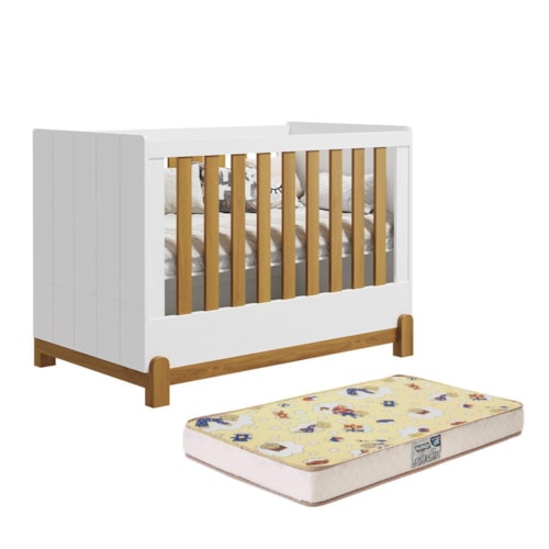 Berço Mini Cama Lotus Frisado Branco Fosco/Savana com Colchão Supreme - Reller Móveis