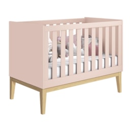 Berço Mini Cama Noah Classic Rosa Fosco Pés Madeira Natural com Colchão Baby Physical - Reller Móveis