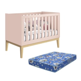 Berço Mini Cama Noah Classic Rosa Fosco Pés Madeira Natural com Colchão Baby Physical - Reller Móveis