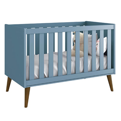 Berço Mini Cama Theo Azul Fosco com Pés Amadeirado - Reller Móveis