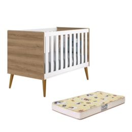 Berço Mini Cama Theo Retrô Branco Fosco/Mezzo com Pés Amadeirado e Colchão D18 - Reller Móveis