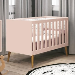 Berço Mini Cama Theo Retrô Rosa Fosco com Pés Amadeirado - Reller Móveis Berço Mini Cama Theo Retrô Rosa Fosco com Pés Amadeirado - Reller Móveis
