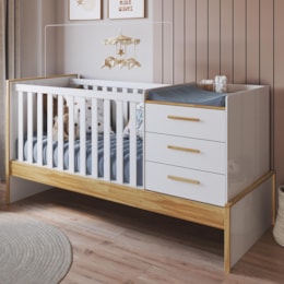 Berço Multifuncional Beni 4 em 1 Branco Brilho/Amêndoa com 3 Gavetas e Colchão Baby Physical - Móveis Peroba