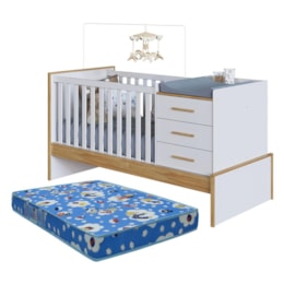 Berço Multifuncional Beni 4 em 1 Branco Brilho/Amêndoa com 3 Gavetas e Colchão Baby Physical - Móveis Peroba