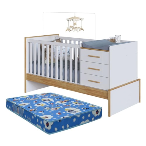 Berço Multifuncional Beni 4 em 1 Branco Brilho/Amêndoa com 3 Gavetas e Colchão Baby Physical - Móveis Peroba