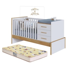 Berço Multifuncional Beni 4 em 1 Branco Brilho/Amêndoa com 3 Gavetas e Colchão Supreme - Móveis Peroba