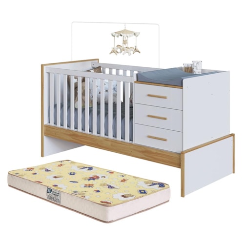 Berço Multifuncional Beni 4 em 1 Branco Brilho/Amêndoa com 3 Gavetas e Colchão Supreme - Móveis Peroba