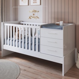 Berço Multifuncional Beni 4 em 1 Branco Brilho com 3 Gavetas e Colchão Baby Physical - Móveis Peroba Berço Multifuncional Beni 4 em 1 Branco Brilho com 3 Gavetas e Colchão Baby Physical - Móveis Peroba