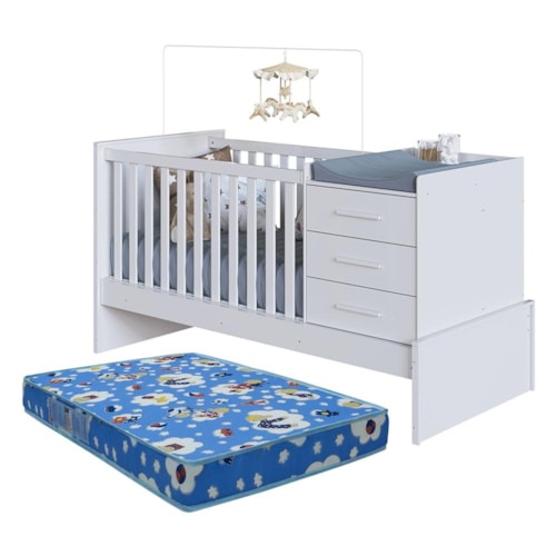 Berço Multifuncional Beni 4 em 1 Branco Brilho com 3 Gavetas e Colchão Baby Physical - Móveis Peroba
