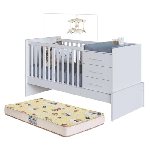 Berço Multifuncional Beni 4 em 1 Branco Brilho com 3 Gavetas e Colchão Supreme - Móveis Peroba