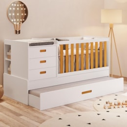 Berço Multifuncional Luna com Cama Auxiliar Branco Fosco/Savana e Colchões Supreme - Reller Móveis Berço Multifuncional Luna com Cama Auxiliar Branco Fosco/Savana e Colchões Supreme - Reller Móveis