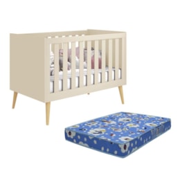 Berço Noah Retrô Areia Fosco Pés Madeira Natural com Colchão D18 - Reller Móveis Berço Noah Retrô Areia Fosco Pés Madeira Natural com Colchão D18 - Reller Móveis