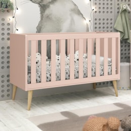 Berço Noah Retrô Rosa Fosco Pés Madeira Natural com Colchão D18 - Reller Móveis Berço Noah Retrô Rosa Fosco Pés Madeira Natural com Colchão D18 - Reller Móveis