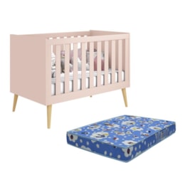Berço Noah Retrô Rosa Fosco Pés Madeira Natural com Colchão D18 - Reller Móveis Berço Noah Retrô Rosa Fosco Pés Madeira Natural com Colchão D18 - Reller Móveis
