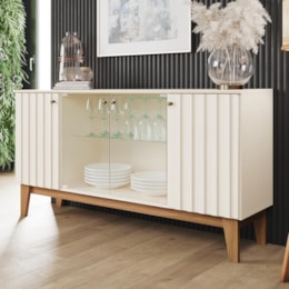 Buffet Aparador Eiffel 4 Portas Off White/Nature com Ripado e Vidro - Móveis Henn Buffet Aparador Eiffel 4 Portas Off White/Nature com Ripado e Vidro - Móveis Henn