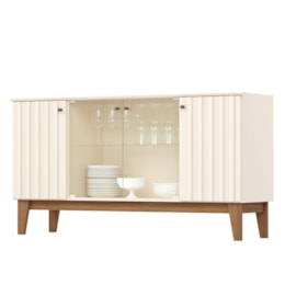 Buffet Aparador Eiffel 4 Portas Off White/Nature com Ripado e Vidro - Móveis Henn Buffet Aparador Eiffel 4 Portas Off White/Nature com Ripado e Vidro - Móveis Henn