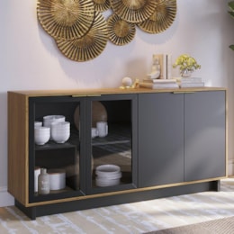 Buffet Aparador Vitória 4 Portas Noce Milano/Preto - PR Móveis   Buffet Aparador Vitória 4 Portas Noce Milano/Preto - PR Móveis