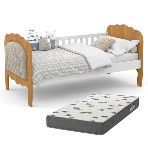 Cama Babá Provence New Freijó/Branco com Capitonê e Colchão Light D33 - Matic Móveis  