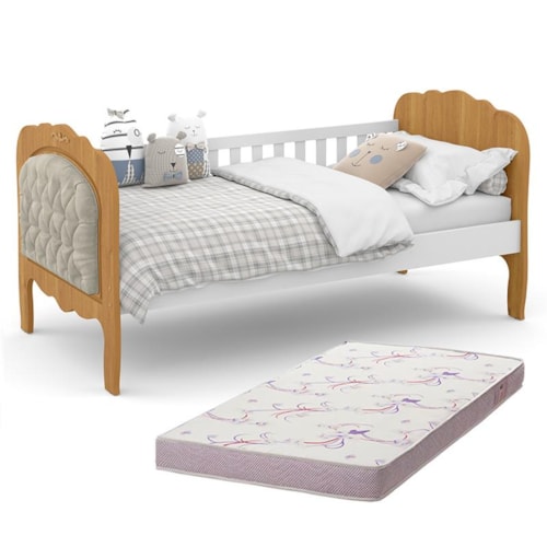 Cama Babá Provence New Freijó/Branco com Capitonê e Colchão Physical D20 - Matic Móveis  